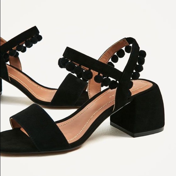 Zara Black Leather Mid Heel Pom Pom Sandals - Picture 2 of 4